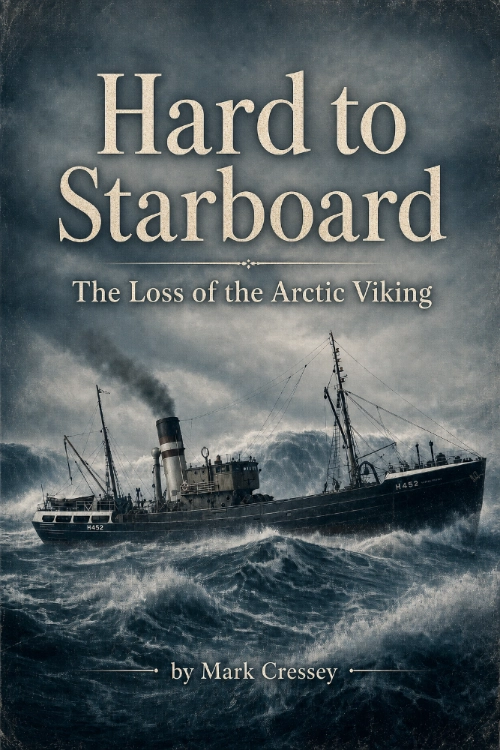 Cover of Hard to Starboard: The Loss of the Arctic Viking by Mark Cressey, showing Arctic Viking H452 in heavy seas beneath storm clouds.