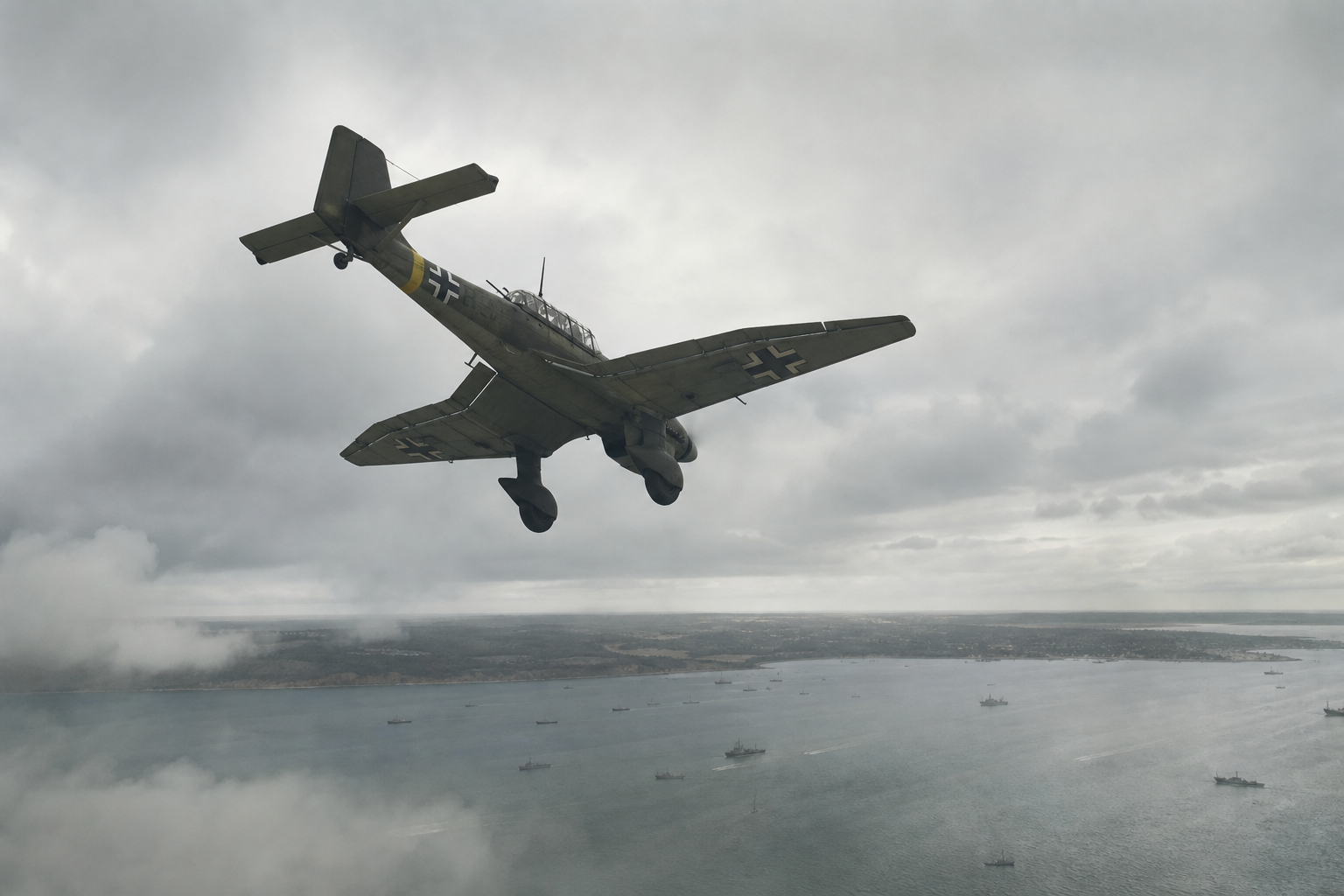 Illustrative image of a German Ju 87 Stuka dive bomber over grey wartime coastal waters